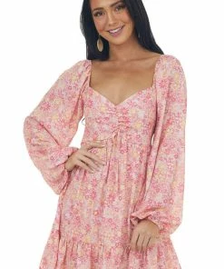 Peach Love Dresses Blush Floral Bubble Sleeve Mini Dress