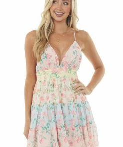 Flying Tomato Dresses Blush Floral Plunging V Neck Tiered Mini Dress 12 Flying Tomato Dresses Blush Floral Plunging V Neck Tiered Mini Dress