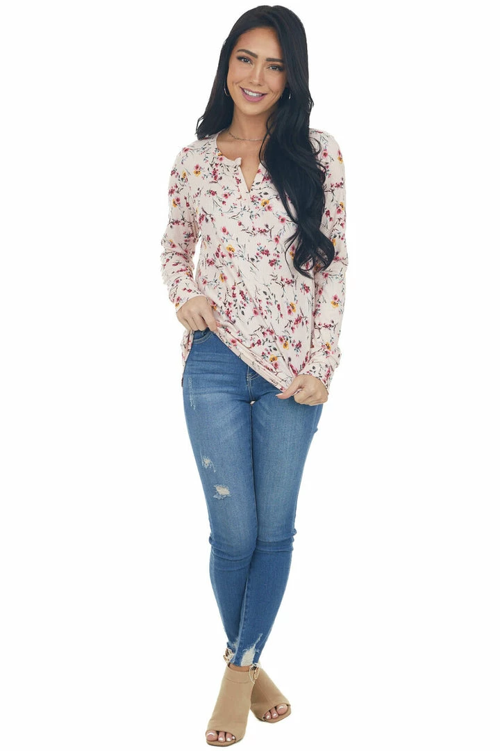 Staccato Blush Floral Print Notch Neck Ribbed Knit Top 7 Staccato Blush Floral Print Notch Neck Ribbed Knit Top