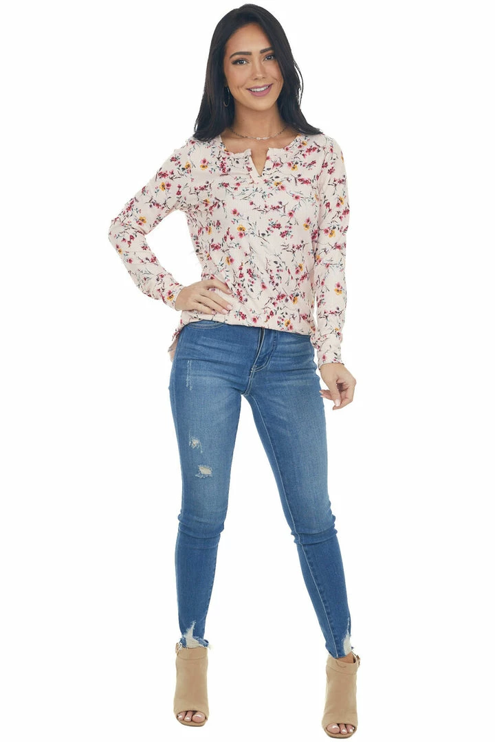 Staccato Blush Floral Print Notch Neck Ribbed Knit Top 4 Staccato Blush Floral Print Notch Neck Ribbed Knit Top