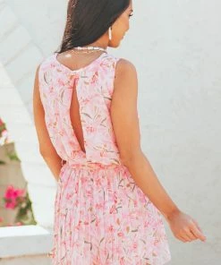 She + Sky Blush Floral Print Surplice Pleated Romper