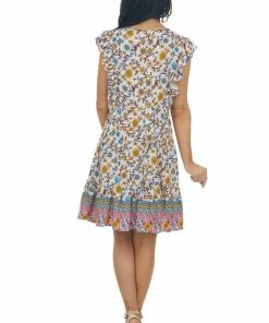 Umgee Blush Floral Print V Neck Tiered Short Dress Dresses