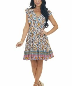 Umgee Blush Floral Print V Neck Tiered Short Dress Dresses