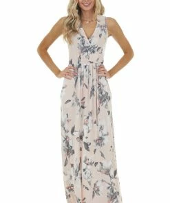 Sweet Lovely Blush Floral Sleeveless Surplice Maxi Dress With Pockets