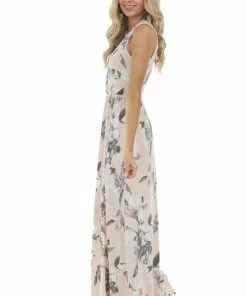 Sweet Lovely Blush Floral Sleeveless Surplice Maxi Dress With Pockets