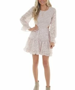 Peach Love Dresses Blush Floral Textured Cut Out Waist Mini Dress