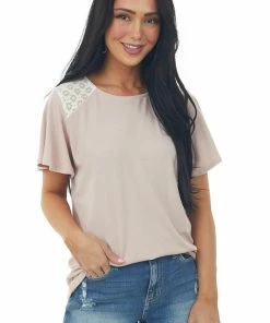 Vanilla Bay Tops Blush Flutter Sleeve Knit Top With Contrast Lace Detail