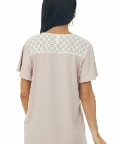 Vanilla Bay Tops Blush Flutter Sleeve Knit Top With Contrast Lace Detail