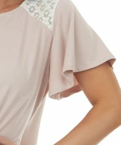 Vanilla Bay Tops Blush Flutter Sleeve Knit Top With Contrast Lace Detail