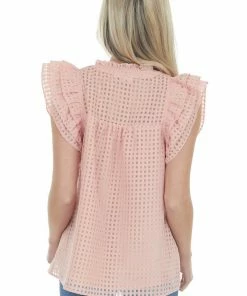 Entro Blush Gingham Ruffle Cap Sleeve Notch Neck Top Tops 17 Entro Blush Gingham Ruffle Cap Sleeve Notch Neck Top Tops