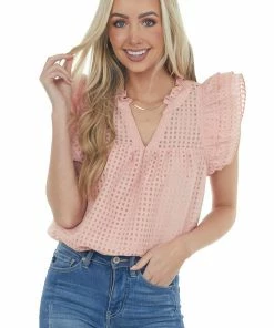Entro Blush Gingham Ruffle Cap Sleeve Notch Neck Top Tops 14 Entro Blush Gingham Ruffle Cap Sleeve Notch Neck Top Tops