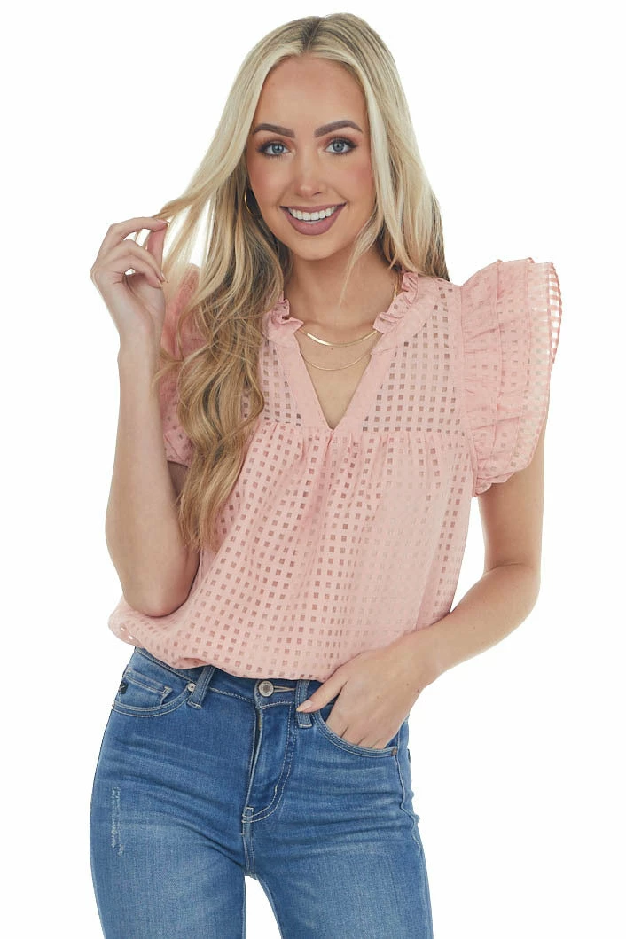 Entro Blush Gingham Ruffle Cap Sleeve Notch Neck Top Tops 5 Entro Blush Gingham Ruffle Cap Sleeve Notch Neck Top Tops
