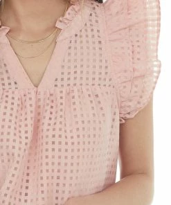 Entro Blush Gingham Ruffle Cap Sleeve Notch Neck Top Tops 18 Entro Blush Gingham Ruffle Cap Sleeve Notch Neck Top Tops
