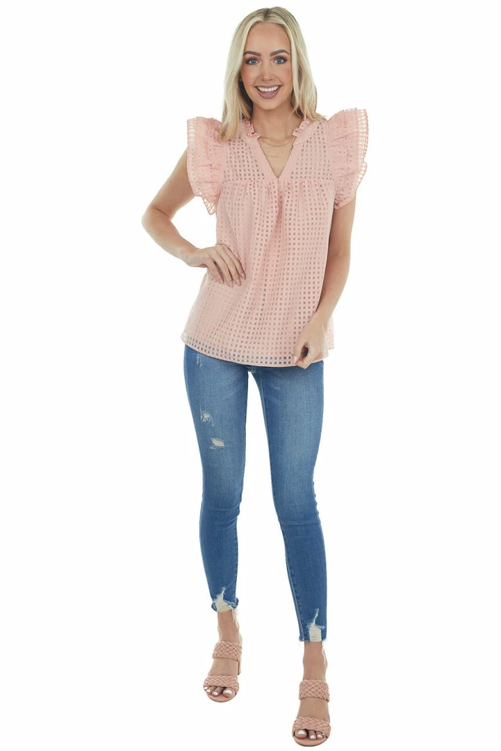 Entro Blush Gingham Ruffle Cap Sleeve Notch Neck Top Tops 6 Entro Blush Gingham Ruffle Cap Sleeve Notch Neck Top Tops