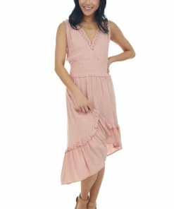 Umgee Blush Lace V Neck High Low Sleeveless Dress
