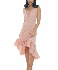 Umgee Blush Lace V Neck High Low Sleeveless Dress