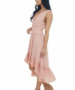 Umgee Blush Lace V Neck High Low Sleeveless Dress