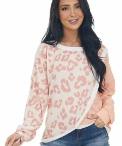 BiBi Blush Leopard Colorblock Long Sleeve Knit Top Tops