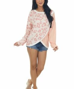 BiBi Blush Leopard Colorblock Long Sleeve Knit Top Tops