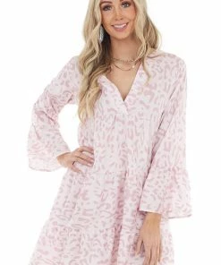 Shiying Fashion Blush Leopard Print Tiered Short Swing Dress Dresses