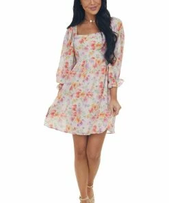 Peach Love Blush Multi Floral Babydoll Mini Dress Dresses