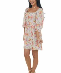 Peach Love Blush Multi Floral Babydoll Mini Dress Dresses