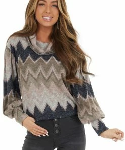 First Love Blush Multicolor Zigzag Print Knit Top With Cowl Neck