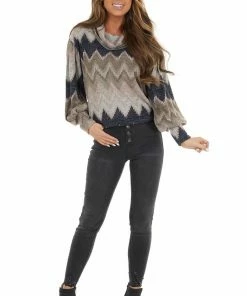 First Love Blush Multicolor Zigzag Print Knit Top With Cowl Neck