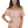 Envya Accessories Blush Off Shoulder One Piece Swimsuit With Ruffle Detail