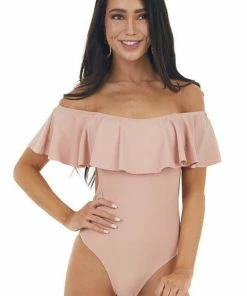 Envya Accessories Blush Off Shoulder One Piece Swimsuit With Ruffle Detail