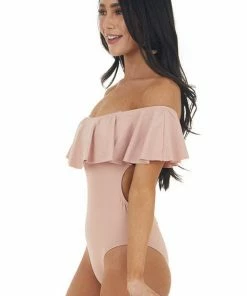 Envya Accessories Blush Off Shoulder One Piece Swimsuit With Ruffle Detail