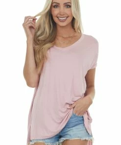ANGIE Blush Oversized V Neck Short Sleeve Top Tops