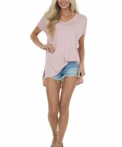 ANGIE Blush Oversized V Neck Short Sleeve Top Tops