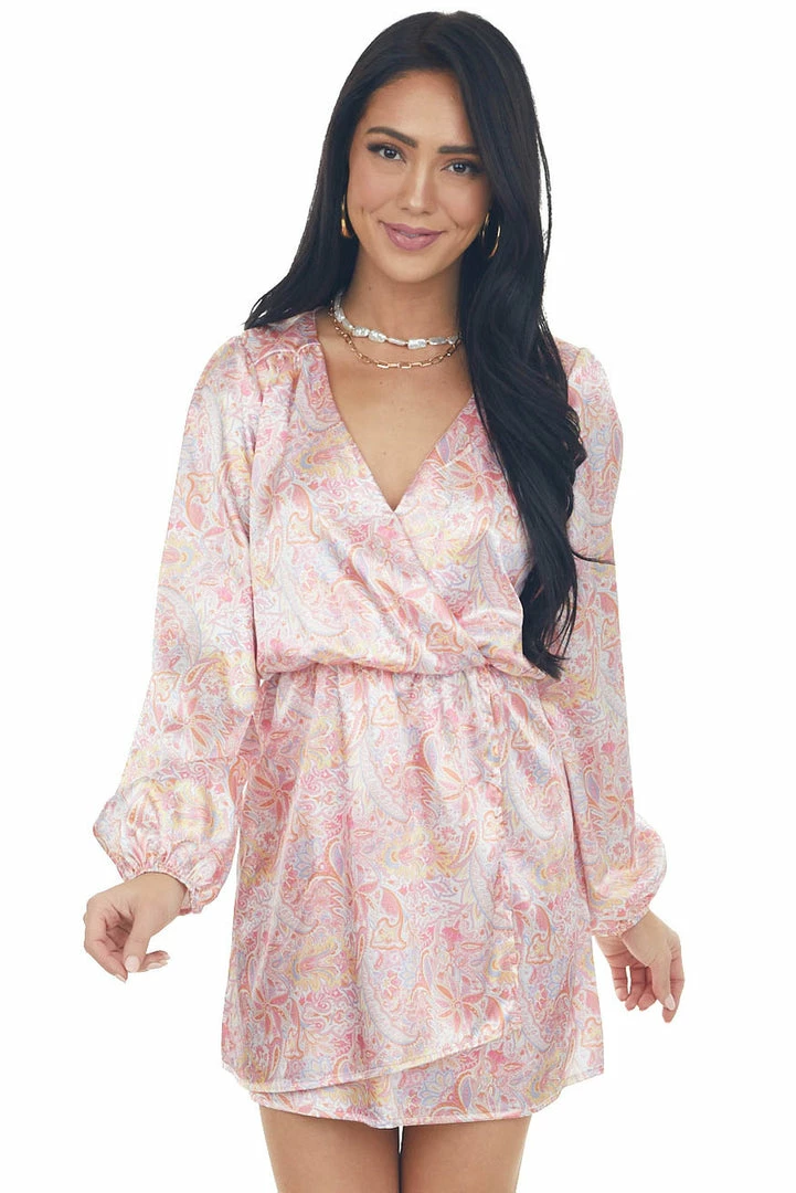 Peach Love Blush Paisley Surplice V Neck Satin Dress Dresses 3 Peach Love Blush Paisley Surplice V Neck Satin Dress Dresses
