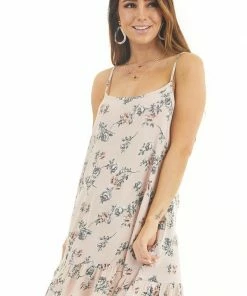 Rousseau Dresses Blush Pink Floral Print Sleeveless Mini Dress With Ruffles