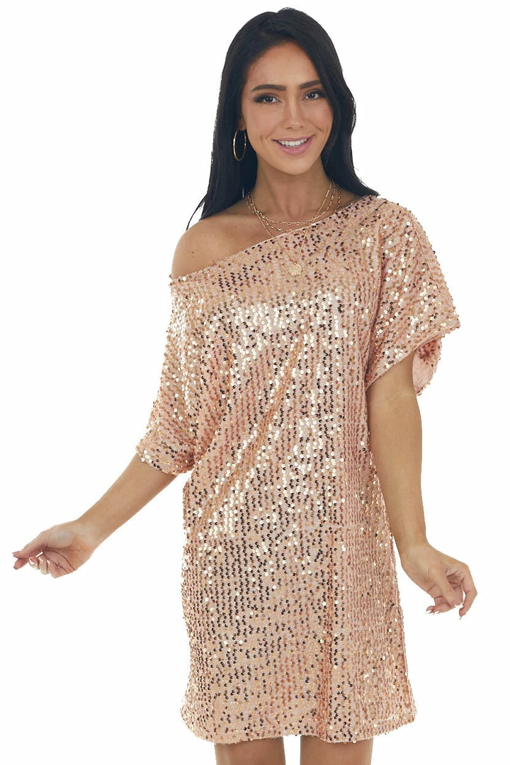 Vine & Love Blush Sequined Short Flowy Sleeve Shift Dress Dresses 3 Vine & Love Blush Sequined Short Flowy Sleeve Shift Dress Dresses