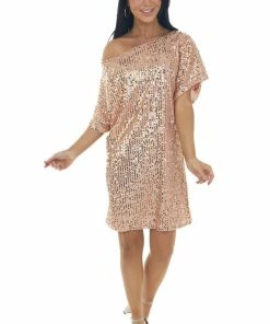 Vine & Love Blush Sequined Short Flowy Sleeve Shift Dress Dresses