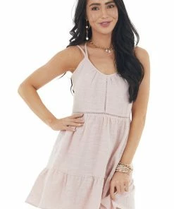Lush Clothing Dresses Blush Sleeveless Woven Tiered Mini Dress With Lace Details