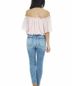 She + Sky Tops Blush Swiss Dot Off The Shoulder Crop Top With Elastic Hem