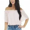 She + Sky Tops Blush Swiss Dot Off The Shoulder Crop Top With Elastic Hem