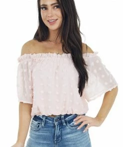 She + Sky Tops Blush Swiss Dot Off The Shoulder Crop Top With Elastic Hem