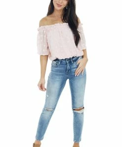 She + Sky Tops Blush Swiss Dot Off The Shoulder Crop Top With Elastic Hem