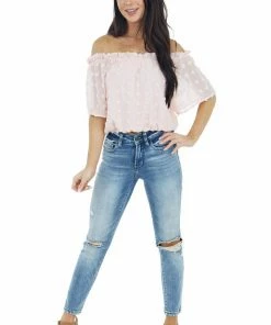 She + Sky Tops Blush Swiss Dot Off The Shoulder Crop Top With Elastic Hem