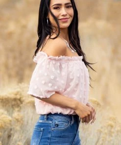 She + Sky Tops Blush Swiss Dot Off The Shoulder Crop Top With Elastic Hem