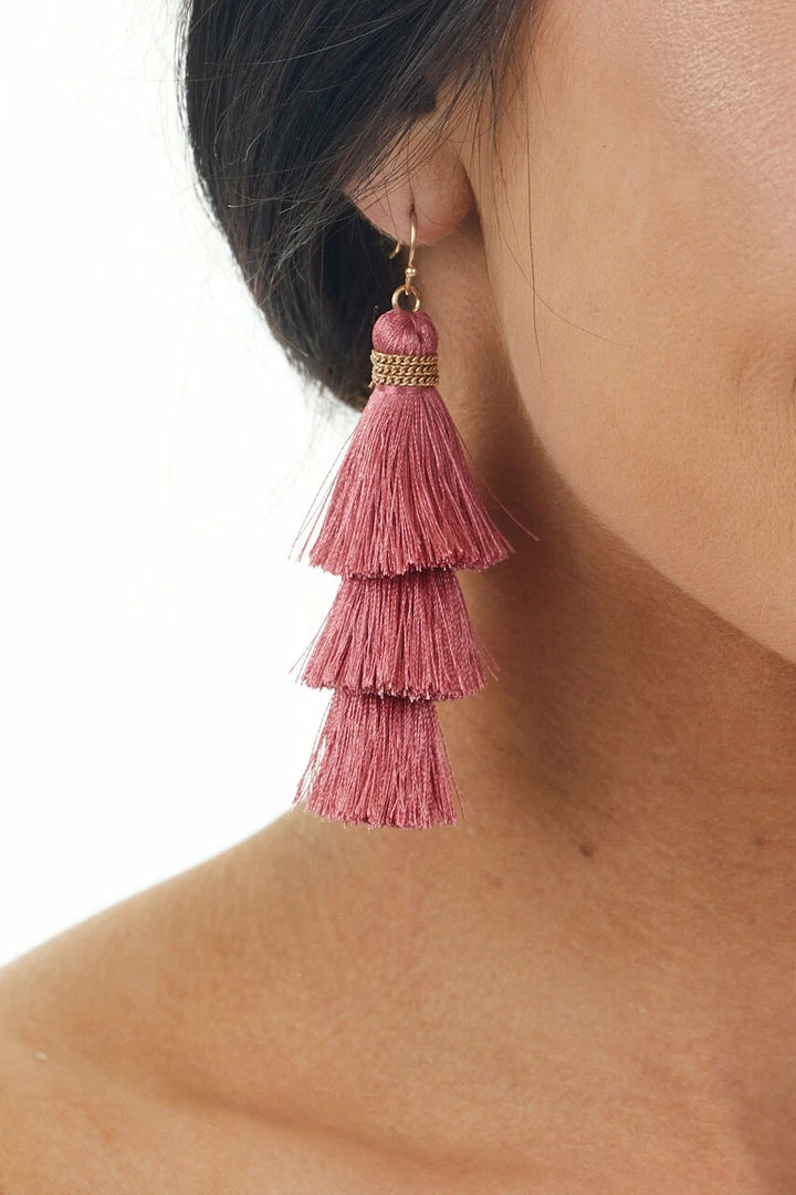 Urbanista Accessories Boysenberry Three Tier Tassel Dangle Hook Earrings 4 Urbanista Accessories Boysenberry Three Tier Tassel Dangle Hook Earrings