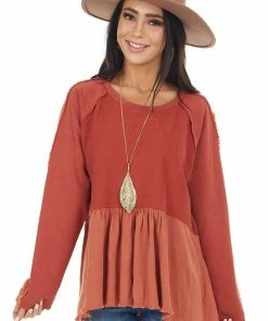 Umgee Brick Long Sleeve Babydoll Top With Raw And Frayed Detail Tops