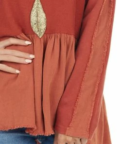 Umgee Brick Long Sleeve Babydoll Top With Raw And Frayed Detail Tops