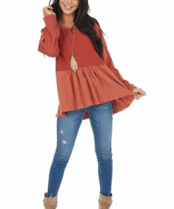 Umgee Brick Long Sleeve Babydoll Top With Raw And Frayed Detail Tops