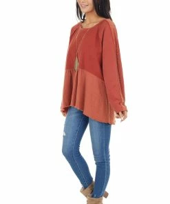 Umgee Brick Long Sleeve Babydoll Top With Raw And Frayed Detail Tops