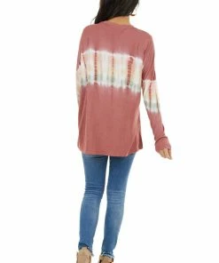 FSL APPAREL Brick Red And Ivory Long Sleeve Top With Tie Dye Detail Tops
